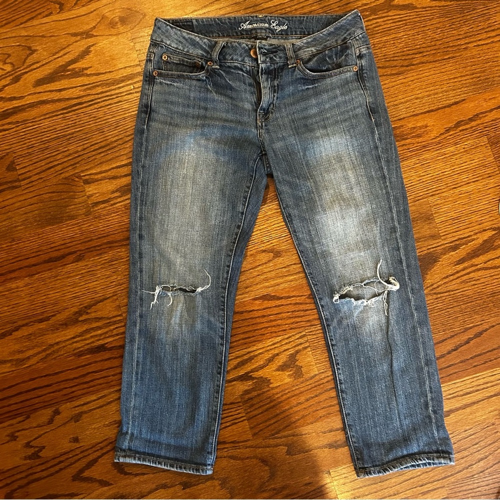 American Eagle Women's Cropped Distressed Jeans | Boy Fit , 4R, low rise